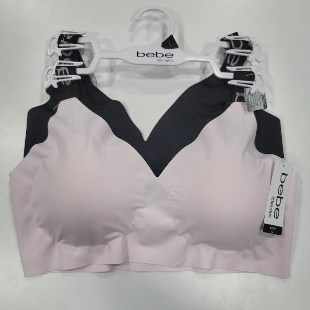 Bebe 2 Pack Bras Wire Free Laser Cut Logo on Straps Sz LG